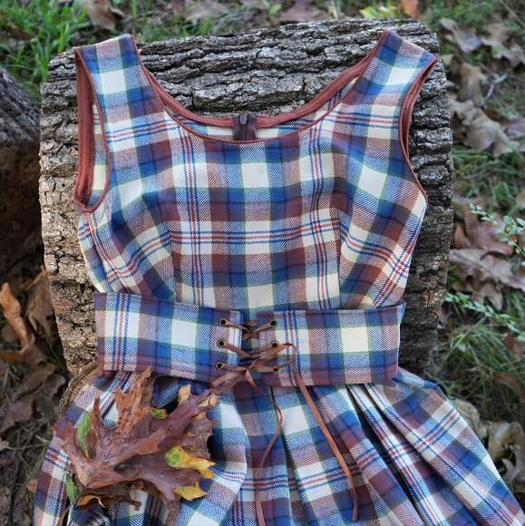 Plaid Sleeveless Sundress with Corset-Style Belt - Picture 1 of 5